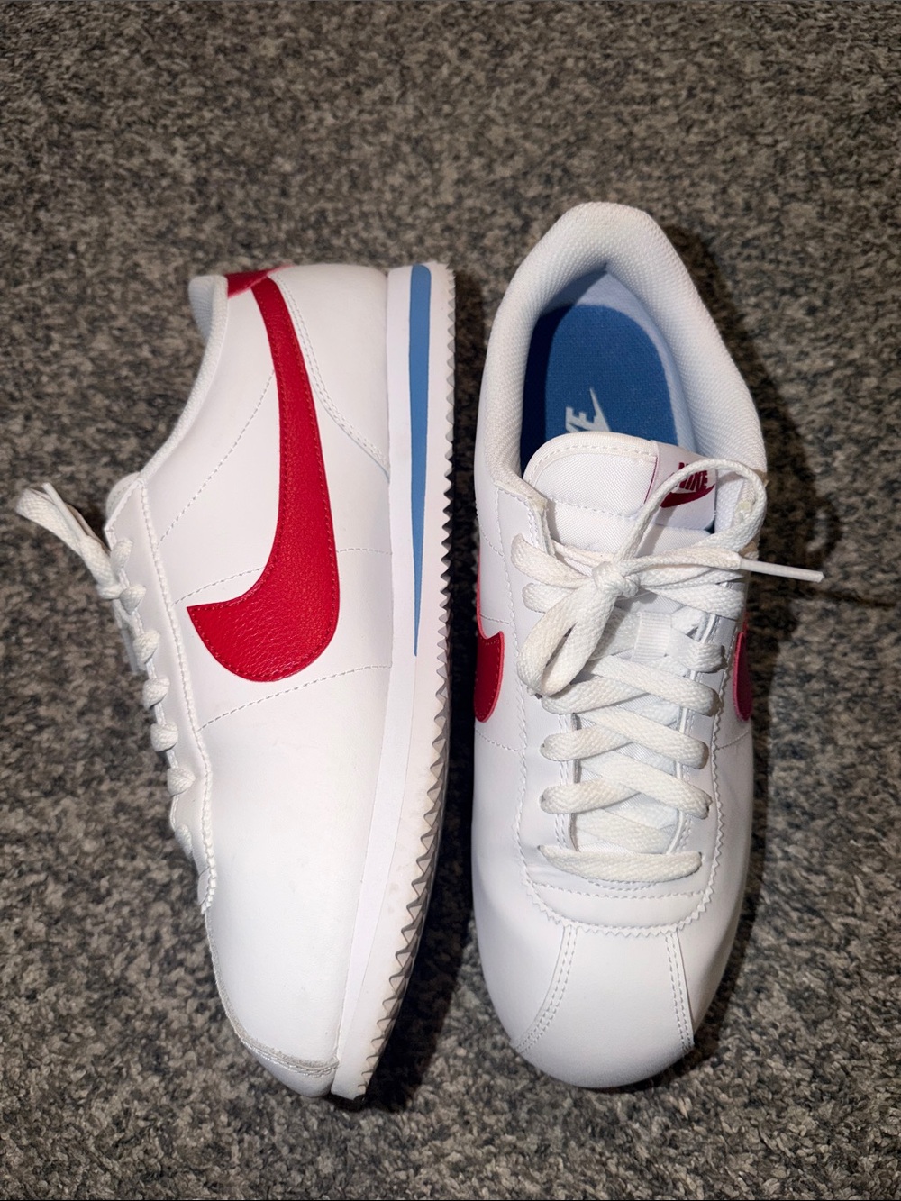 Nike Cortez White Leather Sneakers with Red Swoosh and Blue Insole - Picture 6 of 6